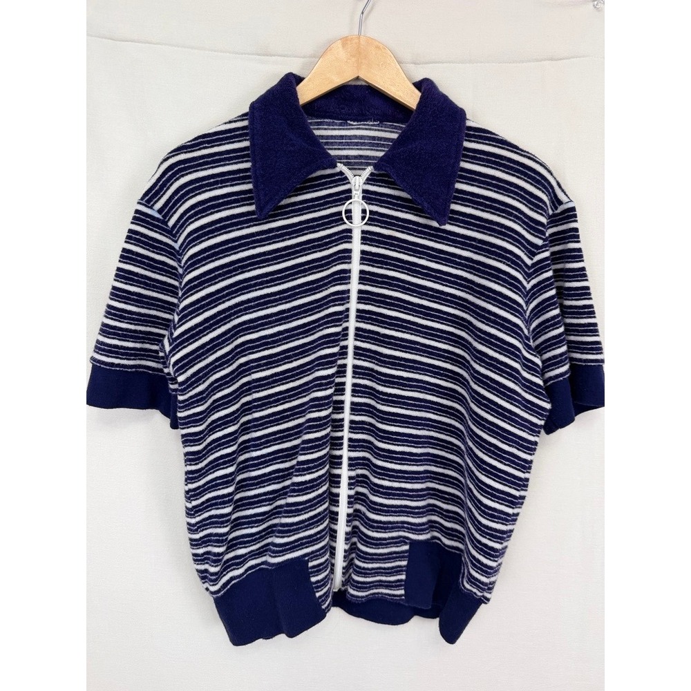 Unbranded Vintage Terry Cloth Striped Full Zip Shirt Mens Blue White Retro 70s